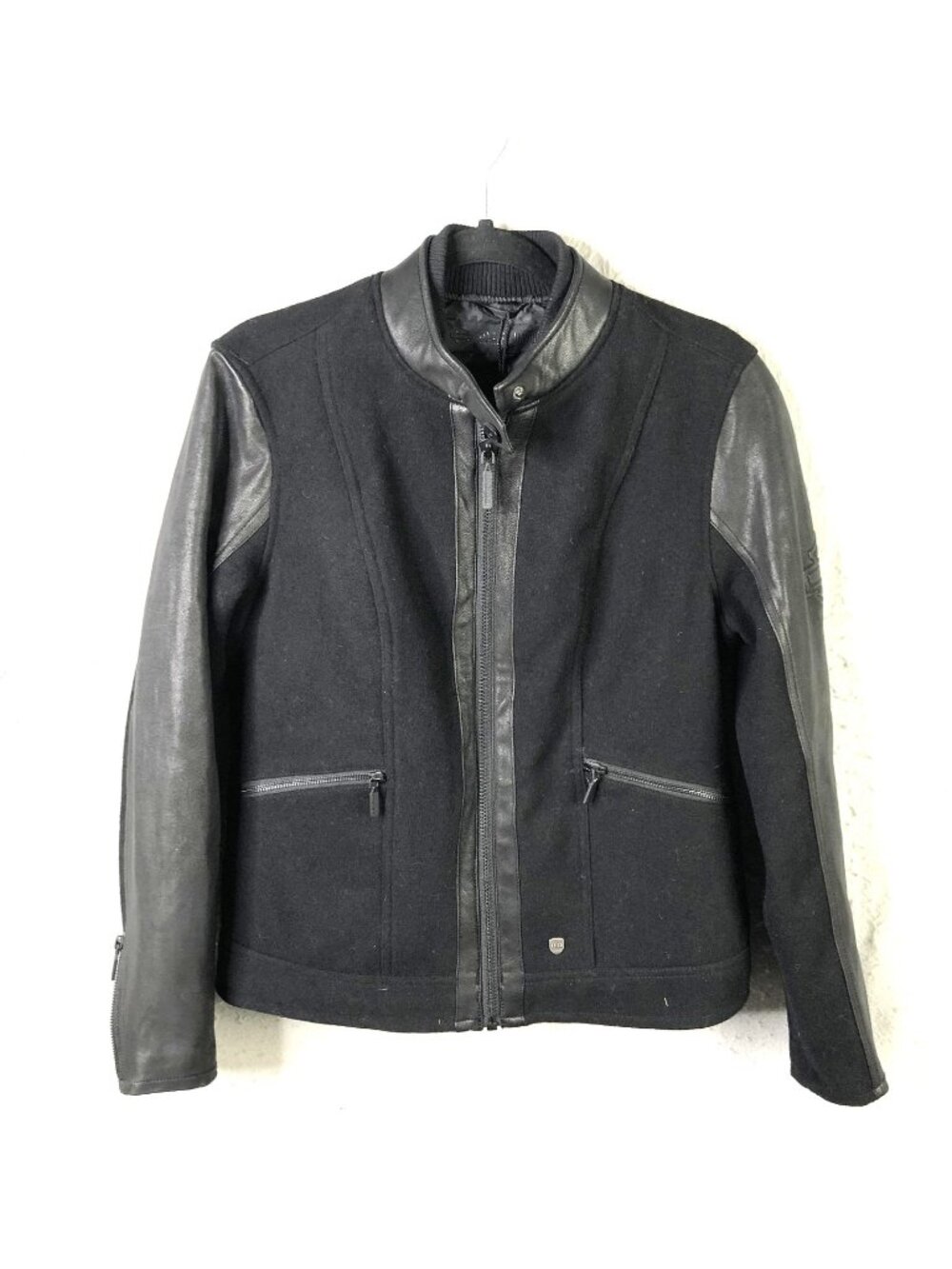Harley-Davidson Jacket Womens L Black Wool Leather Moto Zip Biker Motorcycle